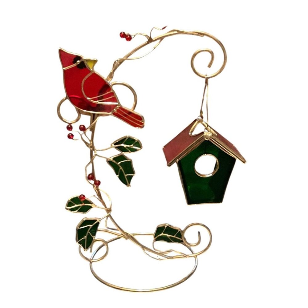 Stained Glass Cardinal & Birdhouse Tabletop Candle Holder